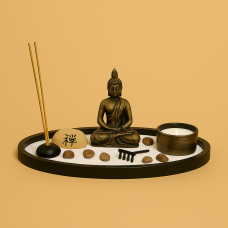 Zen Garden with Buddha Statue – Tabletop Meditation Set with Candle, Incense Holder, Stones & Sand Tray – Spiritual Decor for Home or Office